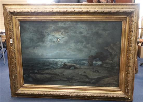 L. V. Erhardt (19th C. Austrian) Moonlit coastal landscape 32 x 48in.